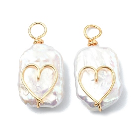 Подвески из натурального барочного жемчуга кеши, обмотанного медной проволокой., прямоугольник с подвесками в виде сердечек, белые