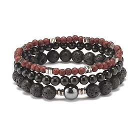 Natural Wood Beads Stretch Bracelets Set, Natural Lava Rock & Obsidian & Synthetic Hematite Beads Stone Bracelets for Men Women