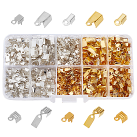 640Pcs Iron Folding Crimp Ends, with 300Pcs 2 Color Brass Cup Chain Ends
