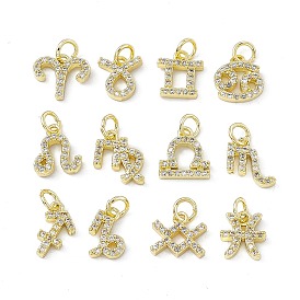 Real 18K Gold Plated Brass Micro Pave Clear Cubic Zirconia Charms, with Jump Ring, Twelve Constellations Charm