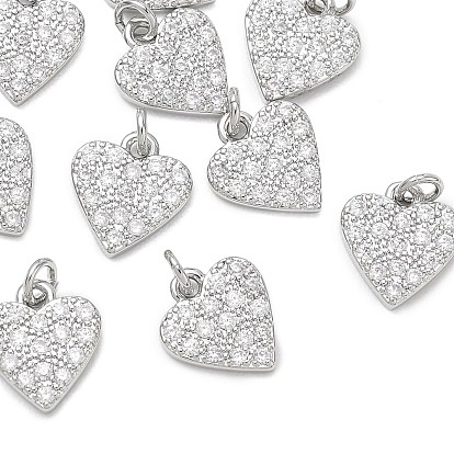 SHEGRACE Valentine's Day Brass Clear Cubic Zirconia Pendants, Heart Charms, Cadmium Free & Lead Free & Nickel Free