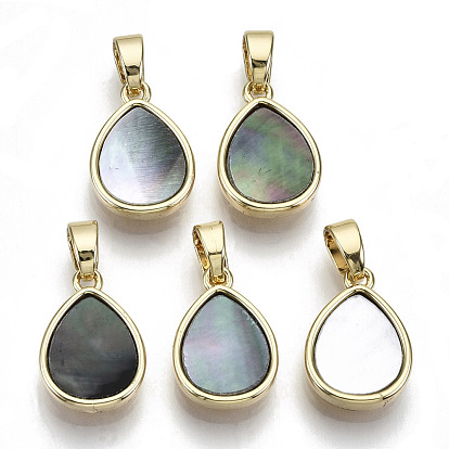Natural Black Lip Shell Charms, with Brass Findings, Nickel Free, Teardrop