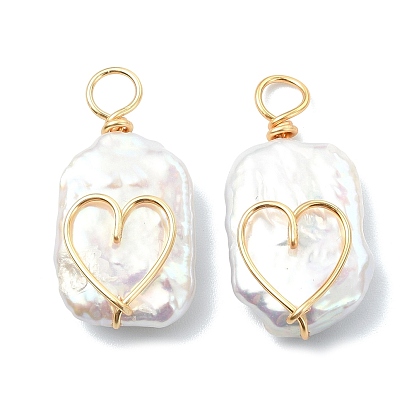 Подвески из натурального барочного жемчуга кеши, обмотанного медной проволокой., прямоугольник с подвесками в виде сердечек, белые