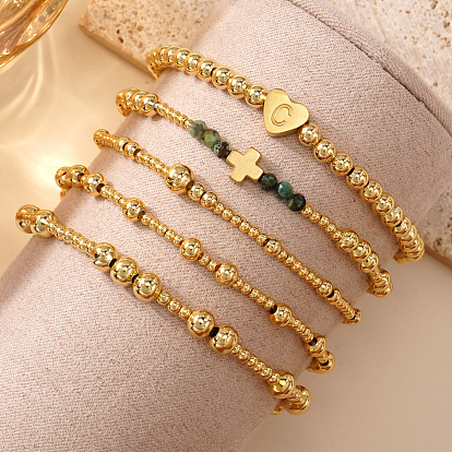 5 Браслеты из латуни и натуральных бусин африканской бирюзы (яшмы) для женщин, эластичные., круглая фигурка и сердечко с буквой