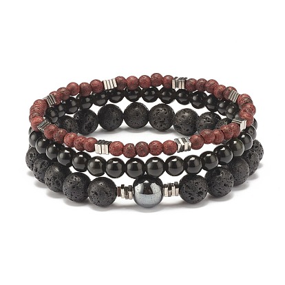 Natural Wood Beads Stretch Bracelets Set, Natural Lava Rock & Obsidian & Synthetic Hematite Beads Stone Bracelets for Men Women