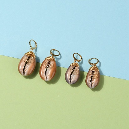304 Stainless Steel Leverback Earrings, with Wire Wrapped Natural Cowrie Shell Beads, Golden