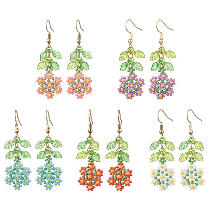 Handmade Glass Seed Dangle Earrings, Loom Pattern, Flower, Golden