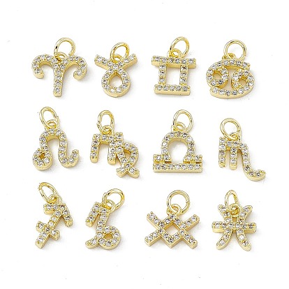Real 18K Gold Plated Brass Micro Pave Clear Cubic Zirconia Charms, with Jump Ring, Twelve Constellations Charm