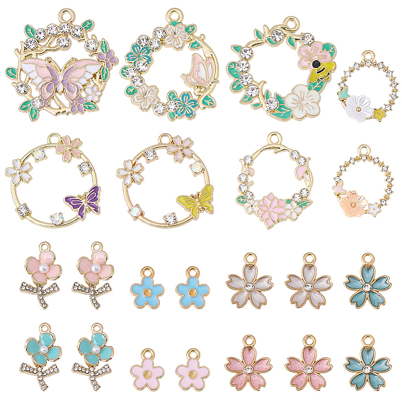 30шт 15 стили подвески из эмалированного сплава с покрытием, со стразами, золотые, подвеска в виде венка и цветка