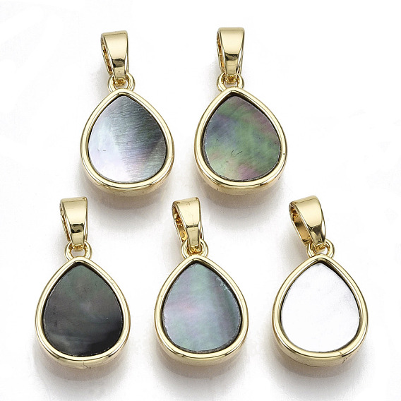 Natural Black Lip Shell Charms, with Brass Findings, Nickel Free, Teardrop