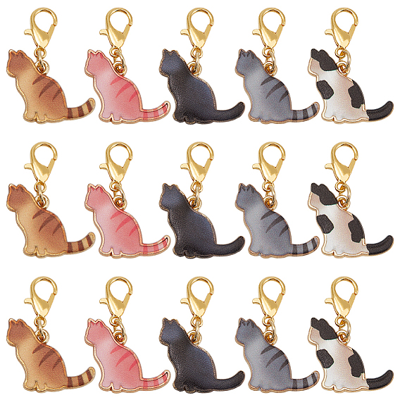 25шт 5 стили сплав эмаль подвески украшения, Сплав с застежками когтя омара, форма кошки