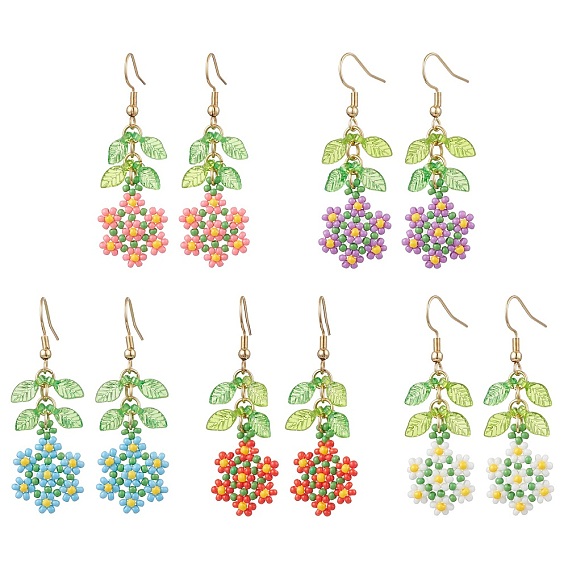 Handmade Glass Seed Dangle Earrings, Loom Pattern, Flower, Golden