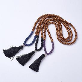Natural Gemstone and Wood Mala Beads Necklaces, with Alloy Buddha Beads and Tassels Pendants