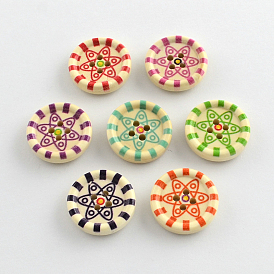 4-Hole Printed Wooden Buttons, Flat Round, 20x5mm, Hole: 2mm