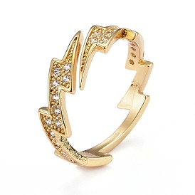 Brass Micro Pave Clear Cubic Zirconia Cuff Rings, Open Rings, Long-Lasting Plated, Lightning Bolt