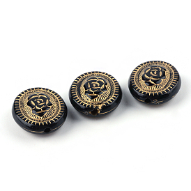Flat Round with Flower Plating Acrylic Beads, Golden Metal Enlaced, 22x18.5x8mm, Hole: 2mm, about 290pcs/500g