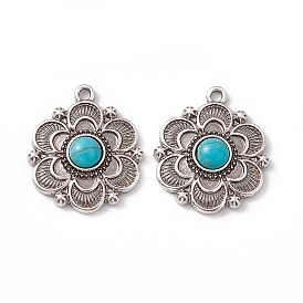 Synthetic Turquoise Half Round Pendants, Flower Charms, with Rack Plating Alloy Findings
