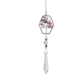 K9 Crystal Glass Big Pendant Decorations, Hanging Sun Catchers, with Amethyst Chip Beads, Hexagon with Tree of Life