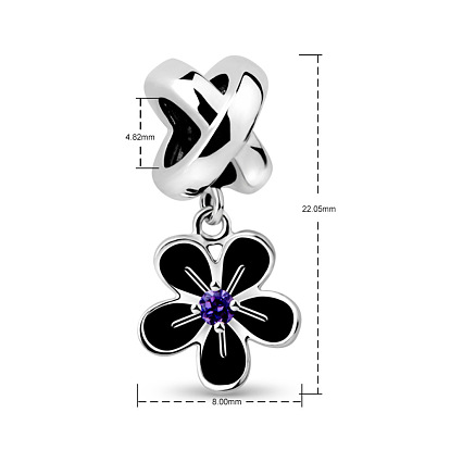 TINYSAND 925 Sterling Silver Flower European Dangle Charms, with Violet Rhinestone, 22.05x8x9.6mm, Hole: 4.82mm