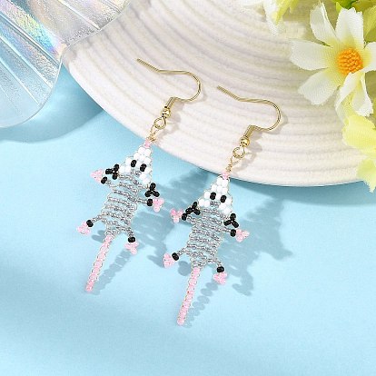 304 Stainless Steel with Glass Seed Beads Dangle Earrings, Mouse