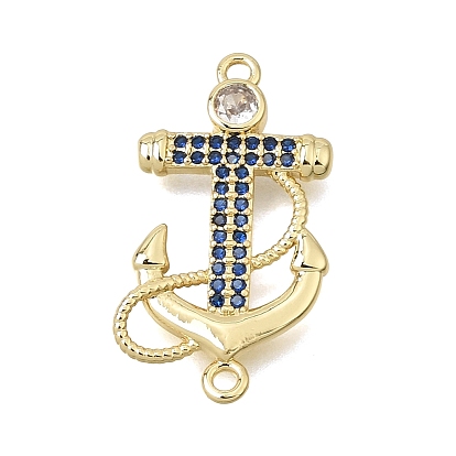 Brass Micro Pave Cubic Zirconia Connector Charms, Anchor Links, Long-Lasting Plated, Cadmium Free & Lead Free, Real 18K Gold Plated