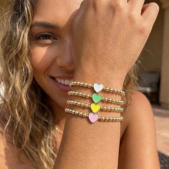 Браслеты из плетеных бусин из латунных смоляных бусин, регулируемые плетеные браслеты из нейлонового шнура для женщин, сердце и круглый