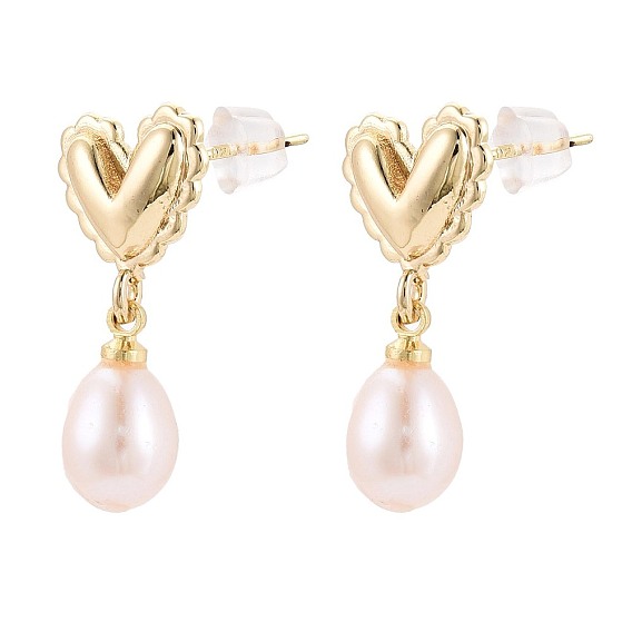 Серьги-гвоздики из натурального жемчуга из латуни, сердце, с 925 штырями стерлингового серебра, долговечный