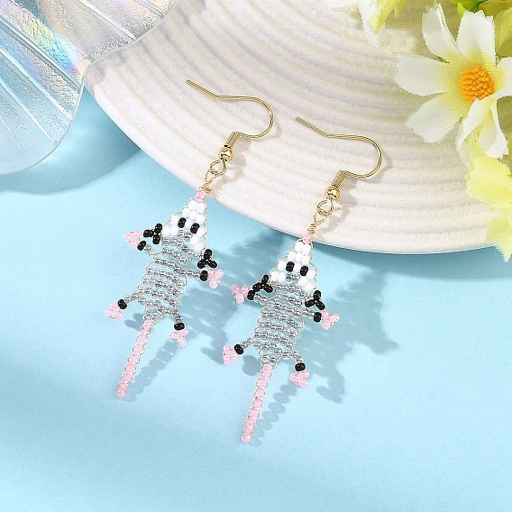 304 Stainless Steel with Glass Seed Beads Dangle Earrings, Mouse