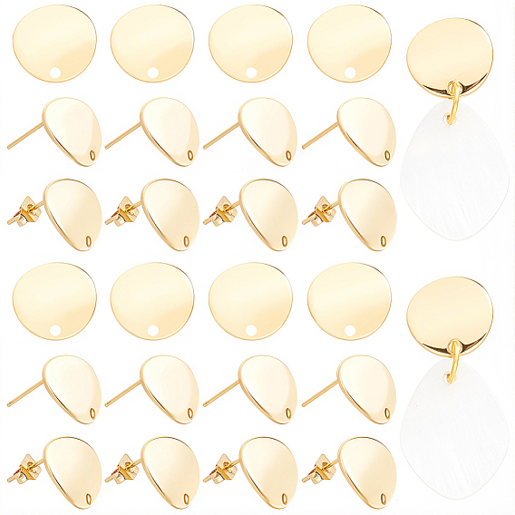 20Pcs Flat Round Brass Stud Earring Findings, with Loop, with 20Pcs Brass Ear Nuts