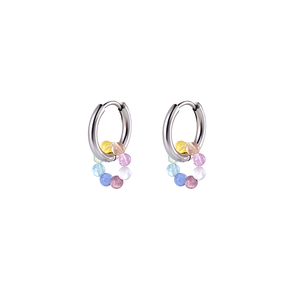 Bohemian 304 Stainless Steel Hoop Earrings, Round, Resin Beads Dangle Earrings for Women