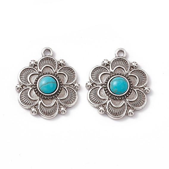 Synthetic Turquoise Half Round Pendants, Flower Charms, with Rack Plating Alloy Findings