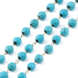 Ion Plating(IP) 304 Stainless Steel & Faceted Glass Handmade Beads Chain, Imitation gemstone, with Spool, Soldered, Golden