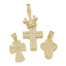 Rack Plating Brass Micro Pave Clear Cubic Zirconia Pendants, Long-Lasting Plated, Lead Free & Cadmium Free, Cross Charm