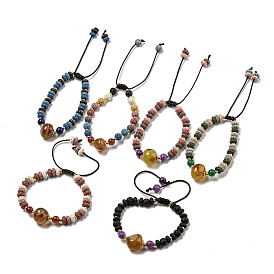 Dyed Natural Lava Rock Rondelle Braided Bead Bracelets, Dyed Natural Agate Link Bracelets for Women Men
