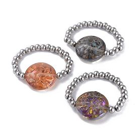 304 Stainless Steel Stretch Finger Rings, with Electroplated Glass Beads, Flat Round and Round