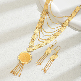 Комплекты из латунных многослойных монет с розовыми кисточками и серег для женщин