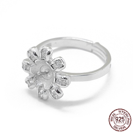 Adjustable 925 Sterling Silver Finger Design Ring Mounts Fittings with Pearl Seat, For Half Drilled Beads, with Cubic Zirconia, Flower