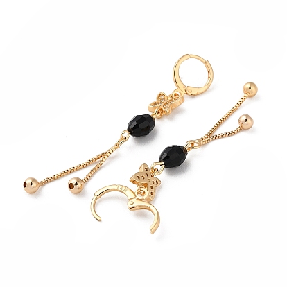 Rhinestone Butterfly Leverback Earrings with Glass Beaded, Brass Chains Tassel Earrings for Women