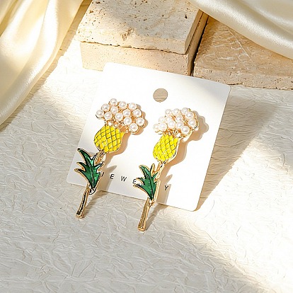 Pendientes de aleación de esmalte para mujer., piña/flor, con perlas de plástico