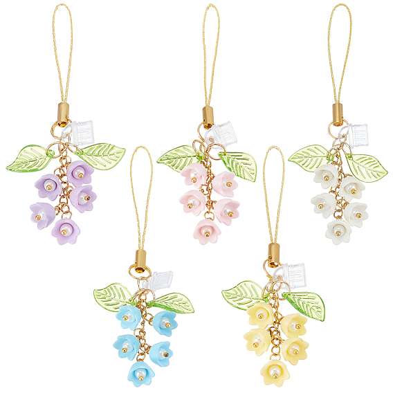 5шт. 5 цвета акриловые и стеклянные перламутровые ремешки для мобильных телефонов, цветок, с пылезащитными заглушками из ПВХ, золотые