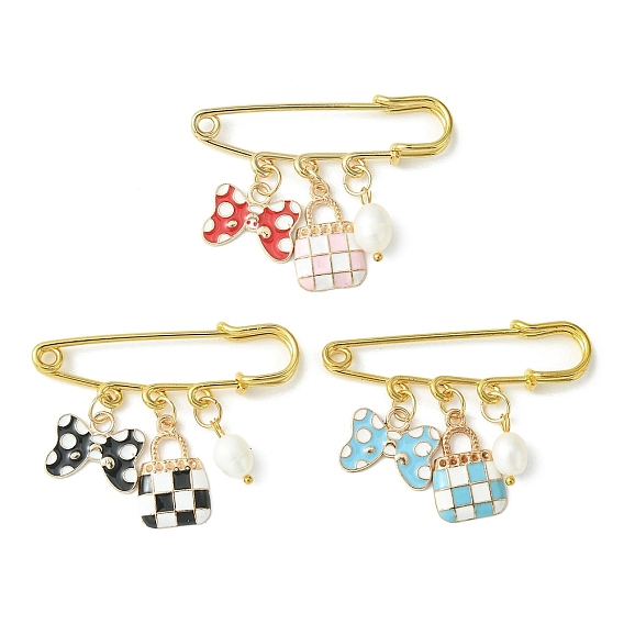 Bowknot & Bag Alloy Enamel Pendant Brooch Pin, Iron Safety Kilt Pin for Sweater Shawl, with Natural Cultured Freshwater Pearl