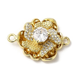 Rack Plating Brass Pave Clear Cubic Zirconia Flower Links Connector Charms, Cadmium Free & Lead Free, Long-Lasting Plated