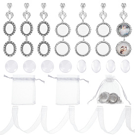 6Pcs 2 Style Alloy Big Pendants, Oval Charms & Flat Round, with 2 Yards Organza Ribbon & 3Pcs Organza Gift Bags