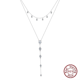 925 Argent sterling pavé 5 Pendentif en forme de larme en zircon cubique transparent pour colliers, colliers double couche pour femmes, Plaqué rhodium