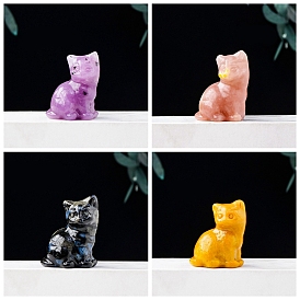 Natural Gemstone Carved Healing Lucky Cat Figurines, Reiki Energy Stone Home Desktop Decoration