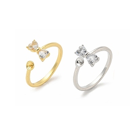Brass Pave Clear Cubic Zirconia Open Cuff Ring Settings, for Half-drilled Beads, Bowknot