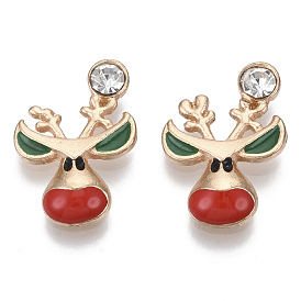 Alloy Enamel Cabochons, with Crystal Rhinestone, Christmas Reindeer/Stag, Red & Green
