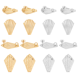 Unicraftale 16Pcs 4 Style 304 Stainless Steel Stud Earring Findings, with Loop and Ear Nuts/Earring Backs, Kite & Scallop