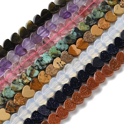 Нити бусин из опалит/синтетического авантюрина/натурального золотистого обсидиана/аметиста/клубничного кварца, сердце