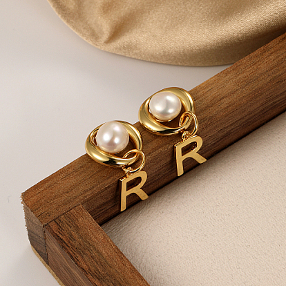 Imitation Pearl Stud Earrings, Brass Initial Letter.R Drop Earrings